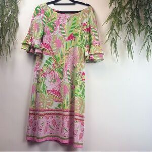 CappaGallo Tropical Print Dress. Vibrant & Lightweight. Ruffle sleeve. Sz M.